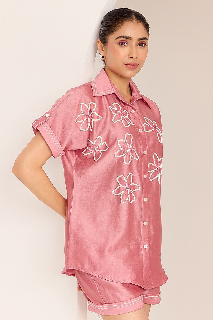 Dusty Pink Chanderi Hand Embroidered Co-Ord Set by Sonal Pasrija at Pernia's Pop Up Shop