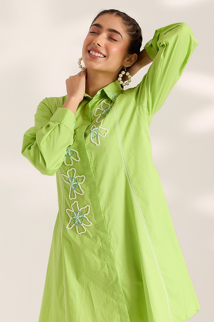 Green Cotton Floral Embroidered Summer Shirt Dress by Sonal Pasrija at Pernia's Pop Up Shop