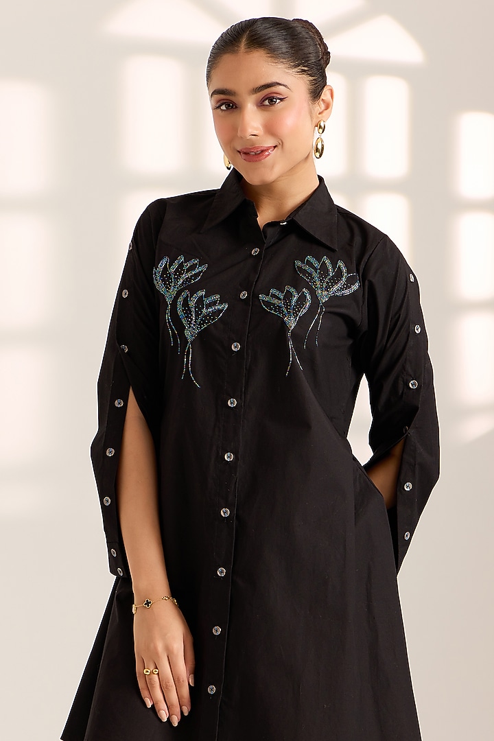 Black Cotton Floral Embroidered Summer Shirt Dress by Sonal Pasrija at Pernia's Pop Up Shop