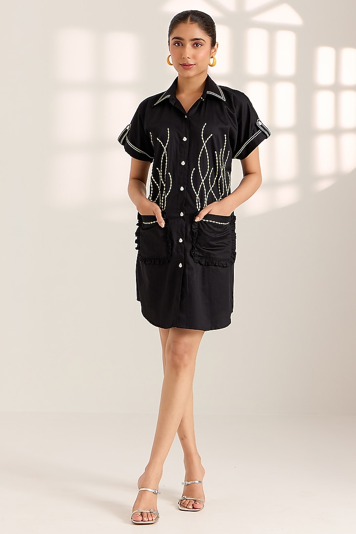 Black Cotton Hand Embroidered Shirt Dress by Sonal Pasrija at Pernia's Pop Up Shop