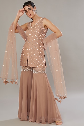 Beige Silk & Georgette Embroidered Gharara Set by SONAL PASRIJA