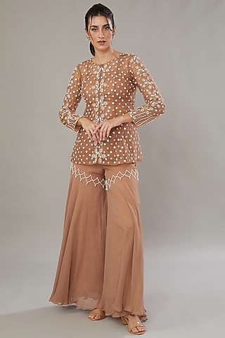 Beige Silk & Georgette Embroidered Gharara Set by SONAL PASRIJA