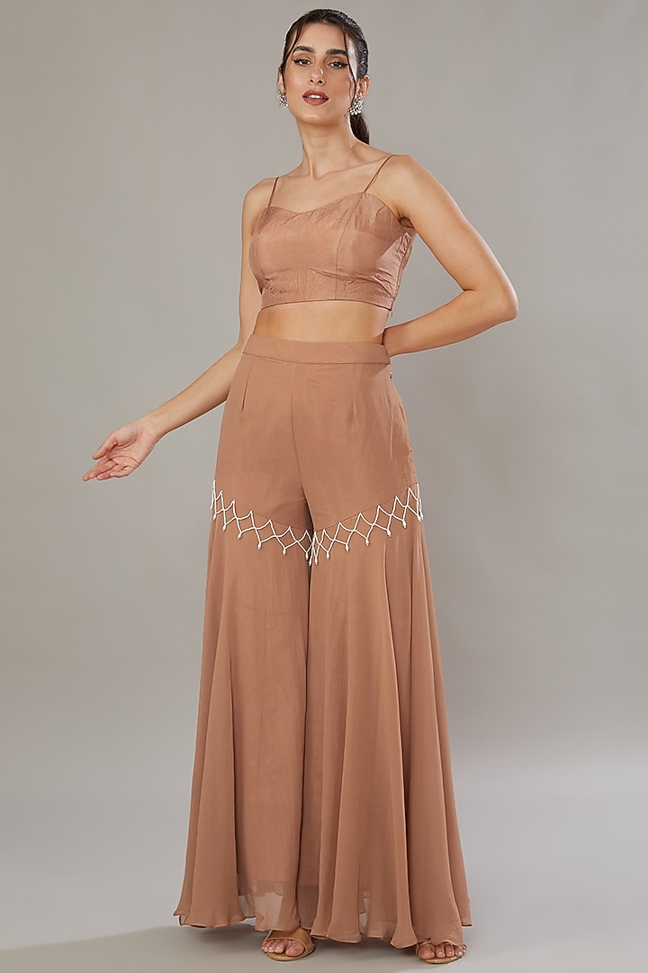 Beige Silk & Georgette Embroidered Gharara Set by SONAL PASRIJA at Pernia's Pop Up Shop