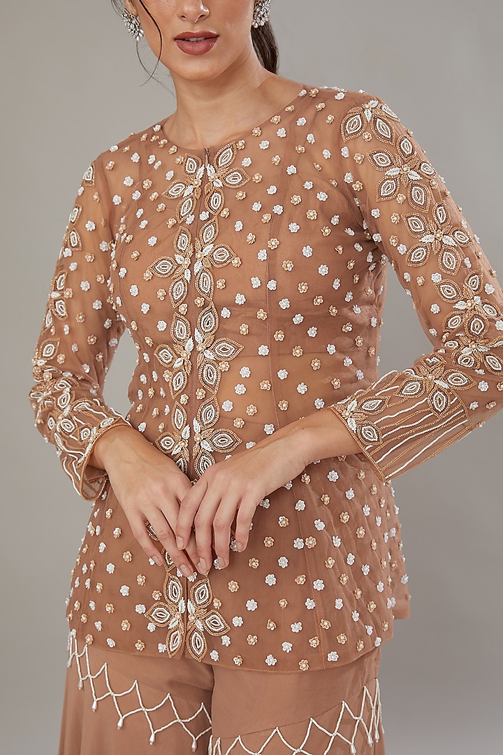 Beige Silk & Georgette Embroidered Gharara Set by SONAL PASRIJA at Pernia's Pop Up Shop