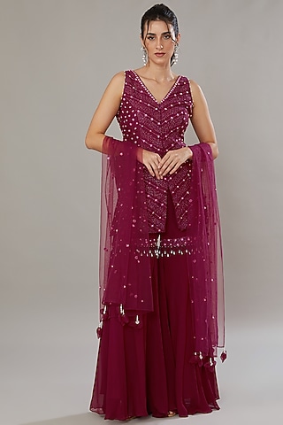 Plum Silk & Georgette Embroidered Gharara Set by SONAL PASRIJA