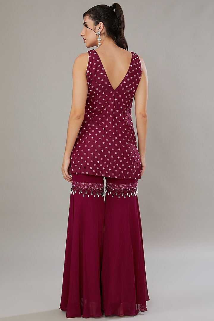Plum Silk & Georgette Embroidered Gharara Set by SONAL PASRIJA at Pernia's Pop Up Shop