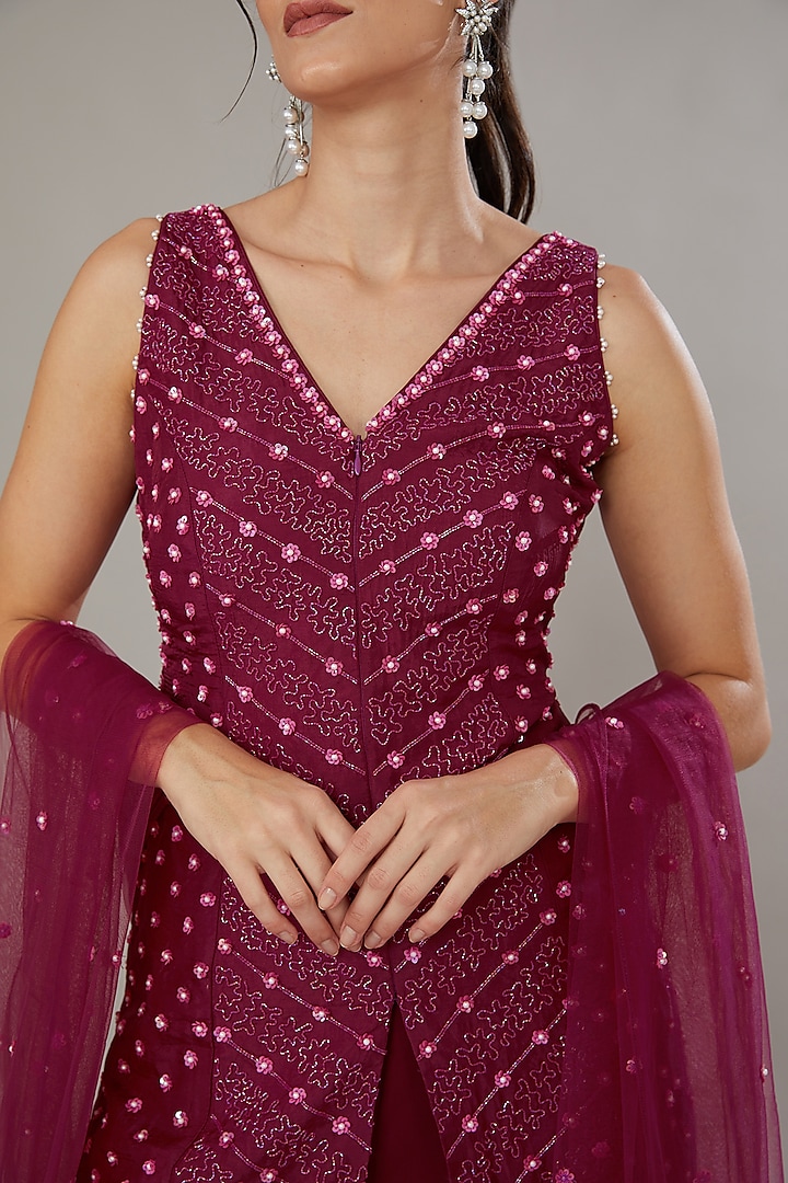 Plum Silk & Georgette Embroidered Gharara Set by SONAL PASRIJA at Pernia's Pop Up Shop