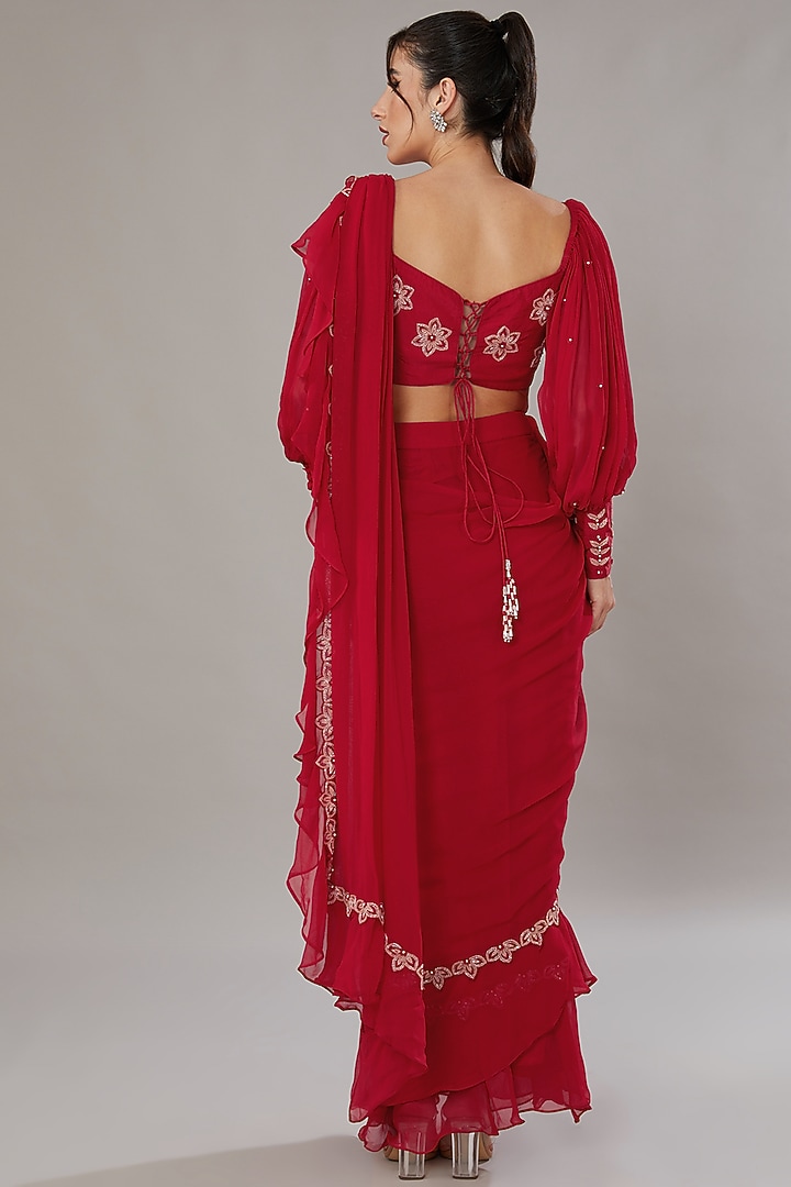 Red Silk & Georgette Cutdana Hand Embroidered Frilled Wedding Saree Set by SONAL PASRIJA at Pernia's Pop Up Shop