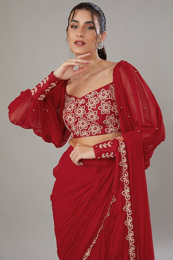 Red Silk & Georgette Cutdana Hand Embroidered Frilled Wedding Saree Set by SONAL PASRIJA at Pernia's Pop Up Shop