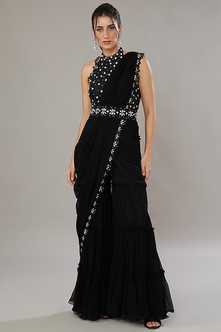 Black Silk & Georgette Hand Embroidered Gharara Saree Set by SONAL PASRIJA at Pernia's Pop Up Shop