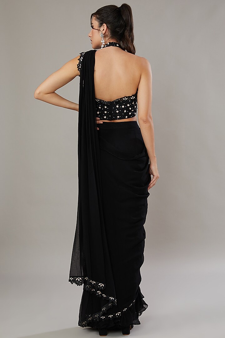 Black Silk & Georgette Hand Embroidered Gharara Wedding Saree Set by SONAL PASRIJA at Pernia's Pop Up Shop