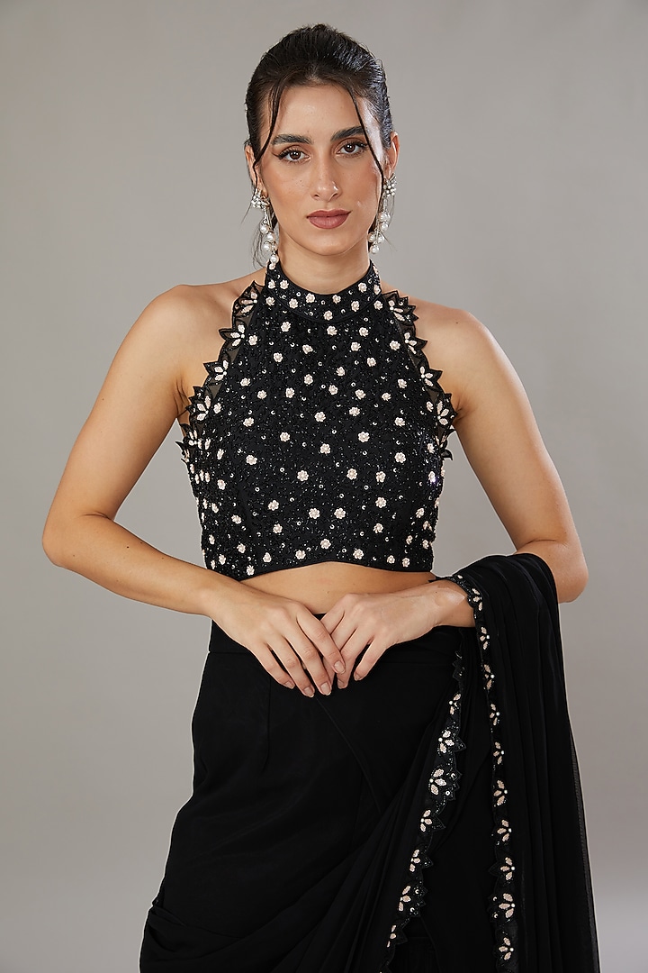 Black Silk & Georgette Hand Embroidered Gharara Wedding Saree Set by SONAL PASRIJA at Pernia's Pop Up Shop
