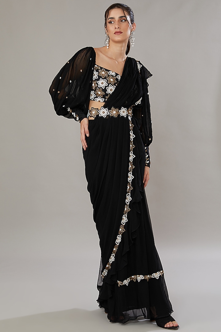 Black Silk & Georgette Hand Embroidered Frilled aree Set by SONAL PASRIJA at Pernia's Pop Up Shop