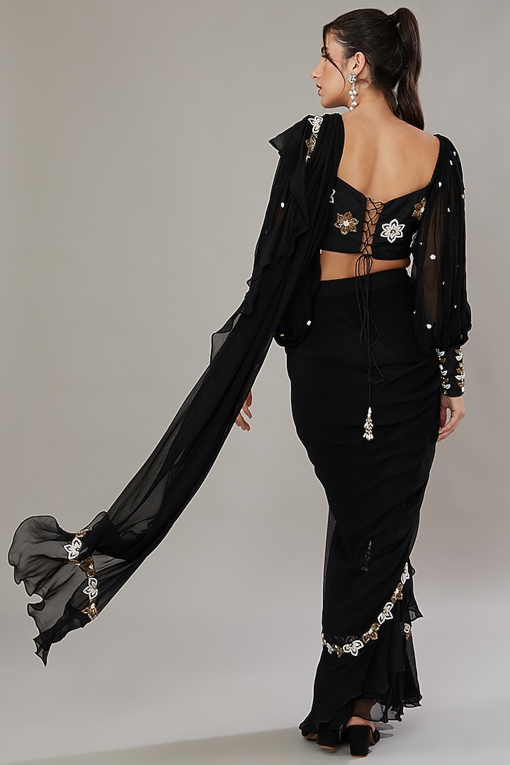 Black Silk & Georgette Hand Embroidered Frilled aree Set by SONAL PASRIJA at Pernia's Pop Up Shop