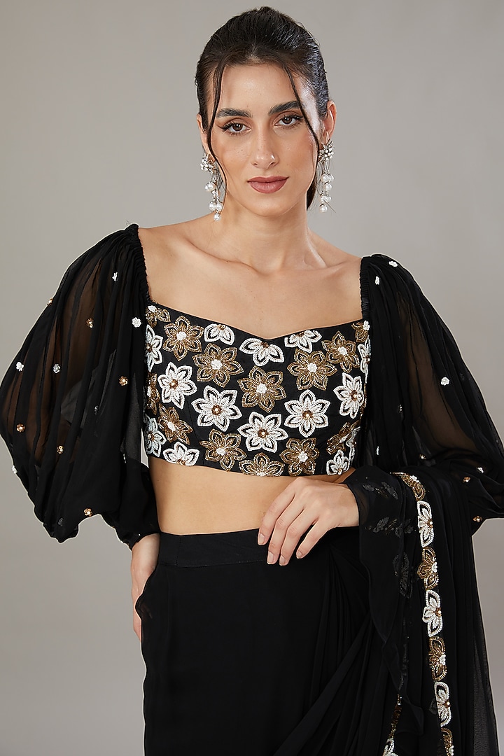 Black Silk & Georgette Hand Embroidered Frilled aree Set by SONAL PASRIJA at Pernia's Pop Up Shop