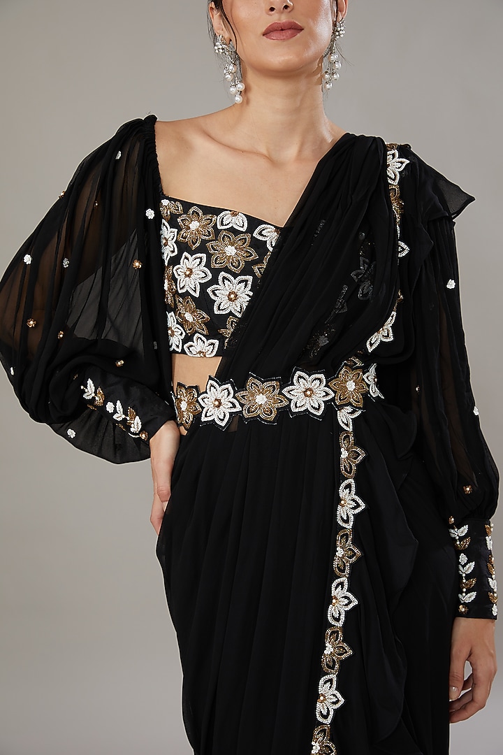 Black Silk & Georgette Hand Embroidered Frilled aree Set by SONAL PASRIJA at Pernia's Pop Up Shop