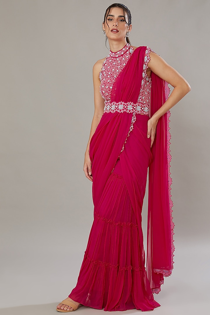 Fuchsia Silk & Georgette Hand Embroidered Gharara Wedding Saree Set by SONAL PASRIJA at Pernia's Pop Up Shop