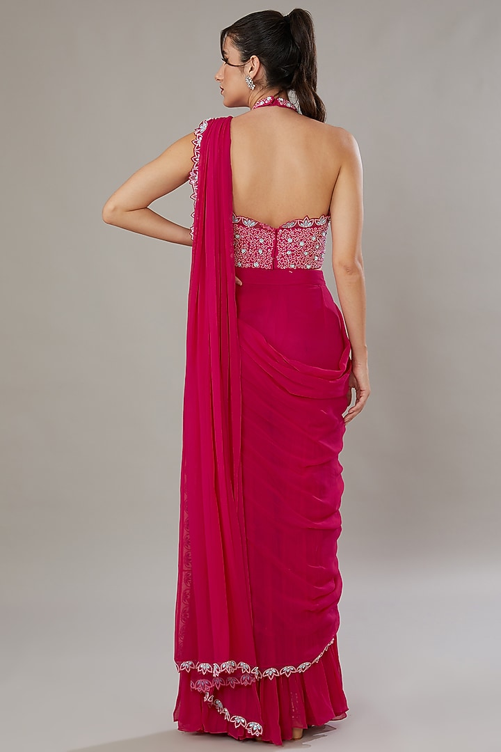 Fuchsia Silk & Georgette Hand Embroidered Gharara Wedding Saree Set by SONAL PASRIJA at Pernia's Pop Up Shop