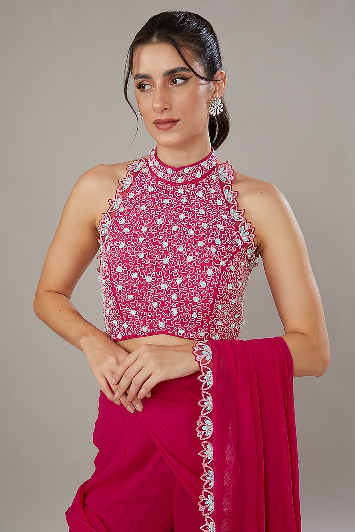 Fuchsia Silk & Georgette Hand Embroidered Gharara Wedding Saree Set by SONAL PASRIJA at Pernia's Pop Up Shop