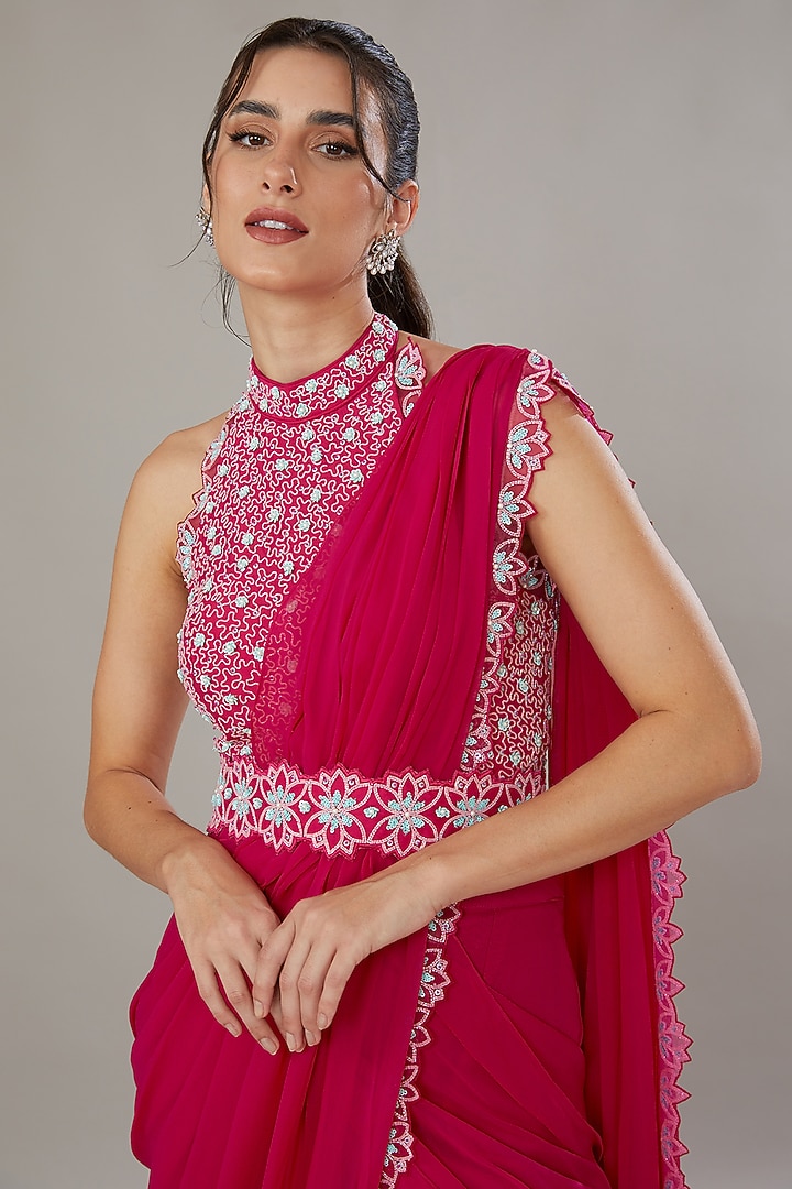 Fuchsia Silk & Georgette Hand Embroidered Gharara Wedding Saree Set by SONAL PASRIJA at Pernia's Pop Up Shop