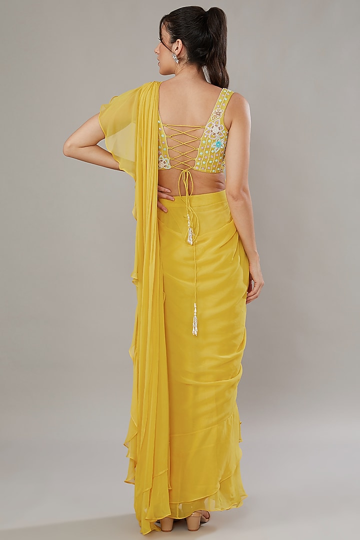 Yellow Silk & Georgette Hand Embroidered Frilled Wedding Saree Set by SONAL PASRIJA at Pernia's Pop Up Shop