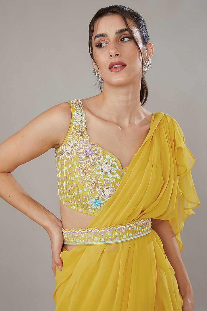 Yellow Silk & Georgette Hand Embroidered Frilled Wedding Saree Set by SONAL PASRIJA at Pernia's Pop Up Shop