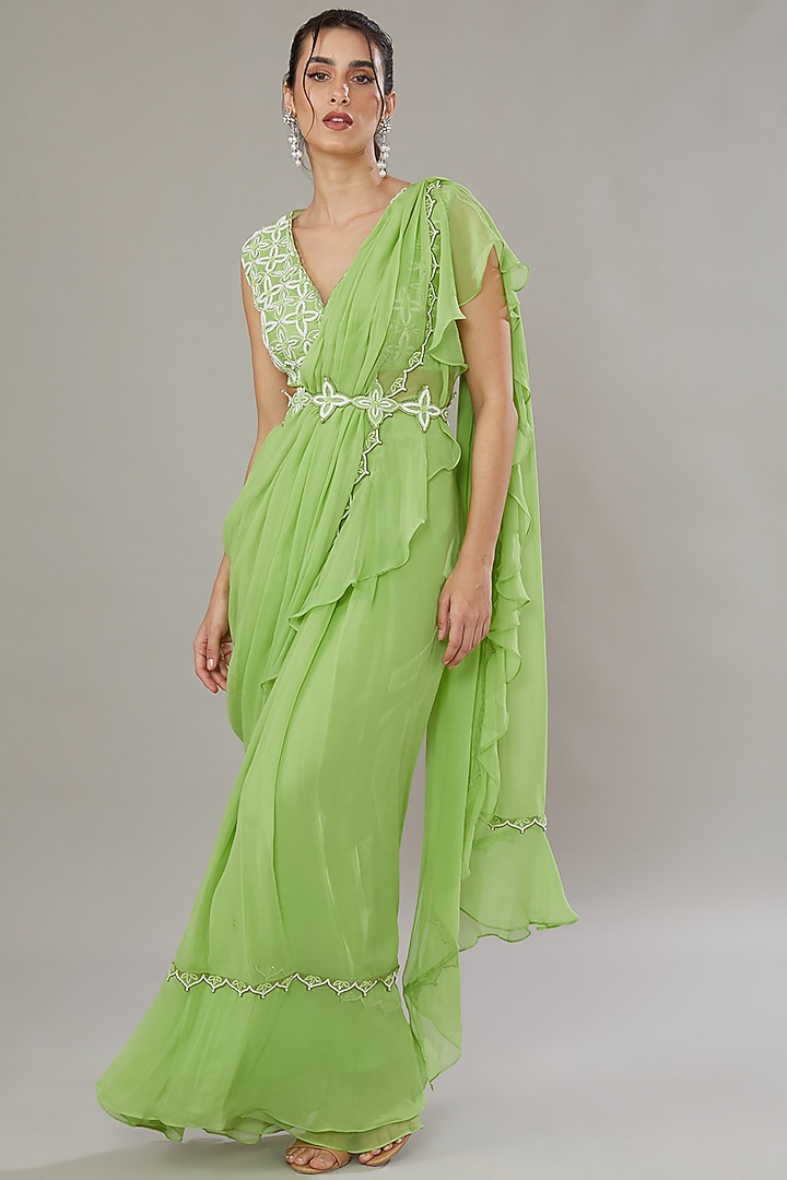 Green Silk & Georgette Hand Embroidered Frilled Wedding Saree Set by SONAL PASRIJA at Pernia's Pop Up Shop
