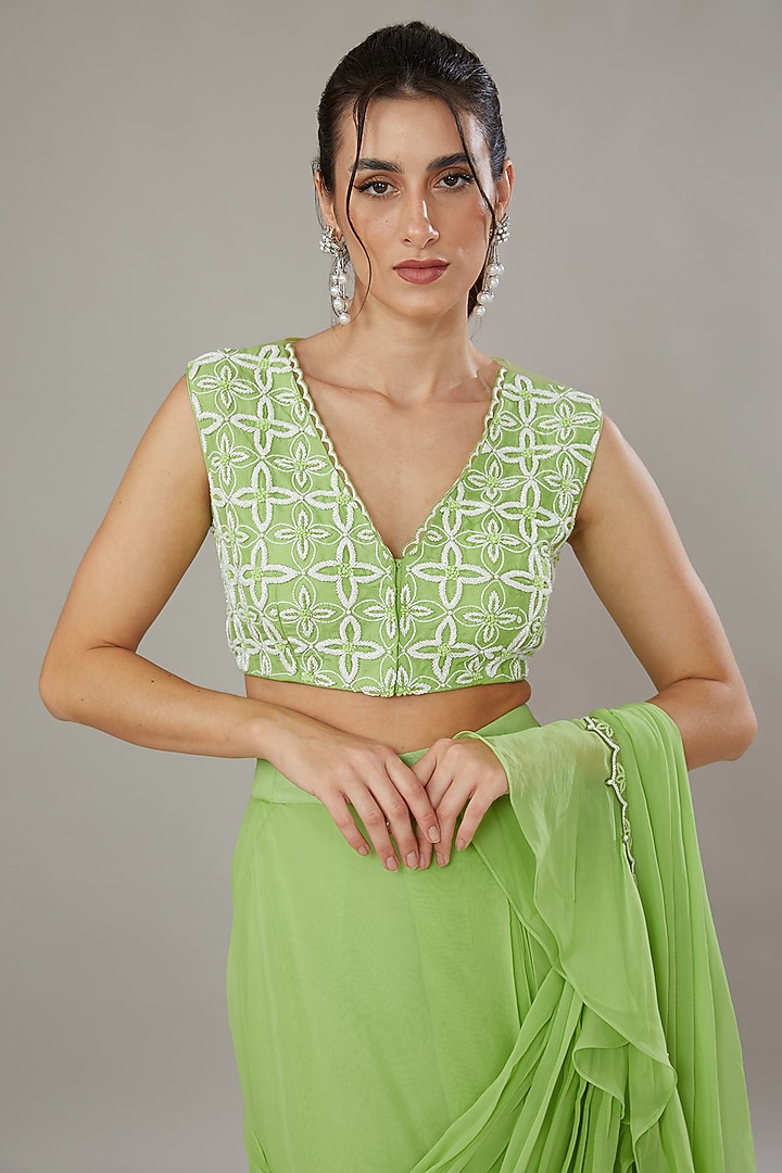 Green Silk & Georgette Hand Embroidered Frilled Wedding Saree Set by SONAL PASRIJA at Pernia's Pop Up Shop