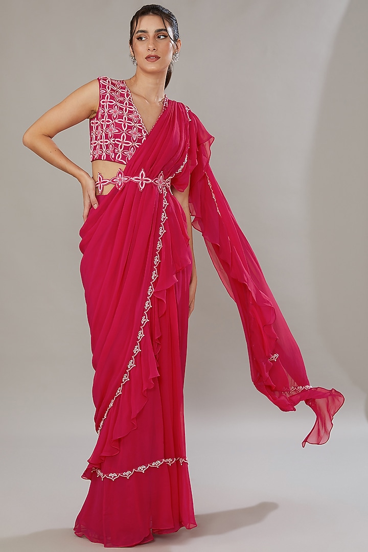 Fuchsia Silk Hand Embroidered Frilled Pre-Stitched Wedding Saree Set by SONAL PASRIJA at Pernia's Pop Up Shop