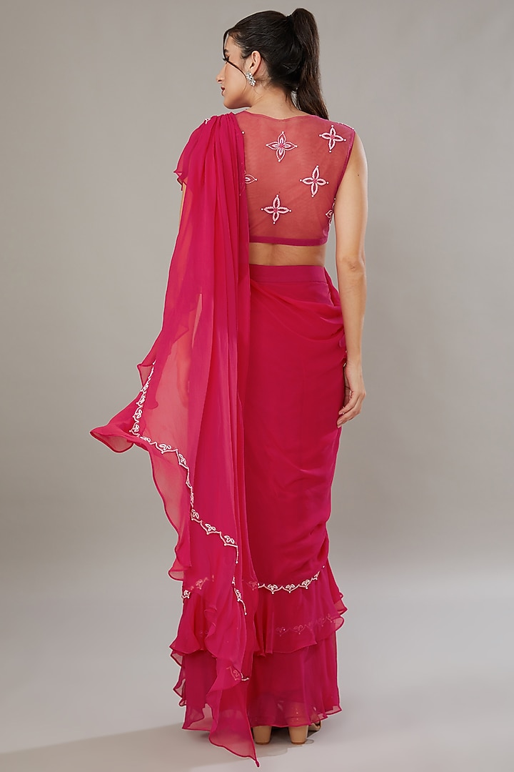 Fuchsia Silk Hand Embroidered Frilled Pre-Stitched Wedding Saree Set by SONAL PASRIJA at Pernia's Pop Up Shop
