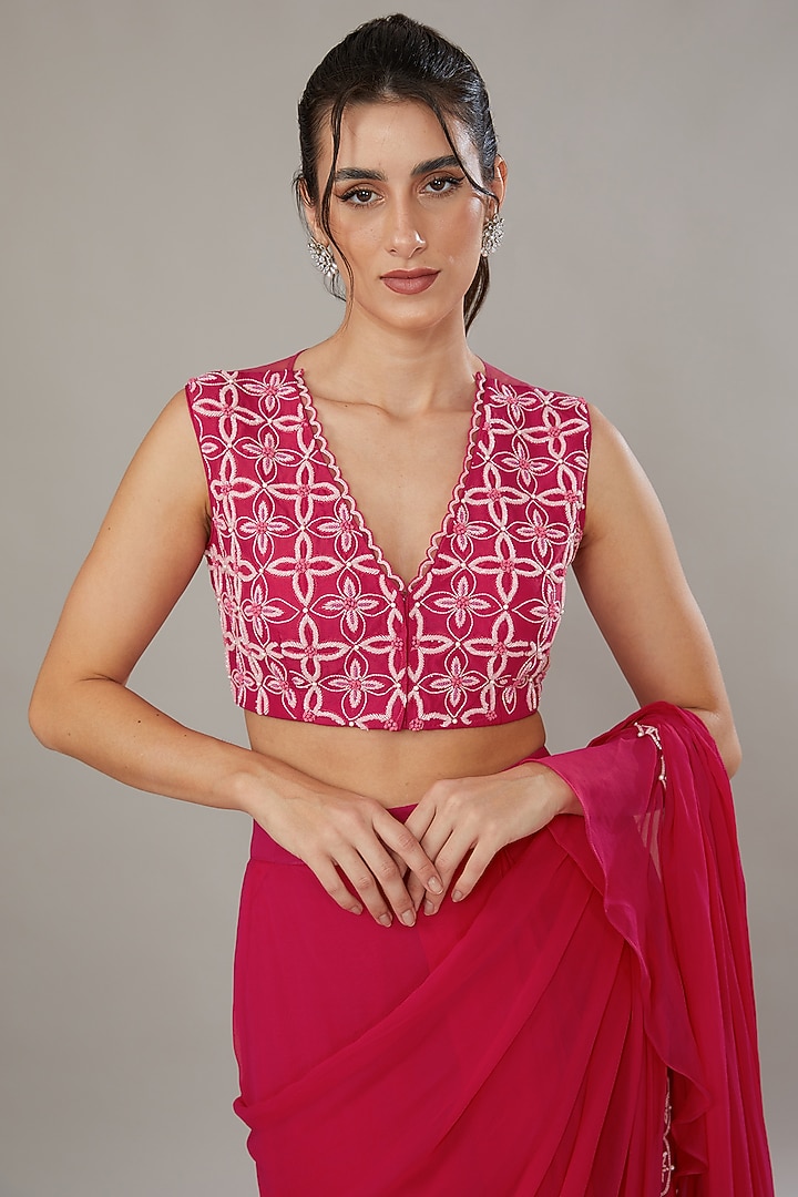 Fuchsia Silk Hand Embroidered Frilled Pre-Stitched Wedding Saree Set by SONAL PASRIJA at Pernia's Pop Up Shop