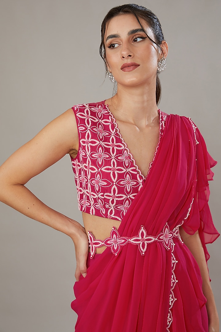 Fuchsia Silk Hand Embroidered Frilled Pre-Stitched Wedding Saree Set by SONAL PASRIJA at Pernia's Pop Up Shop