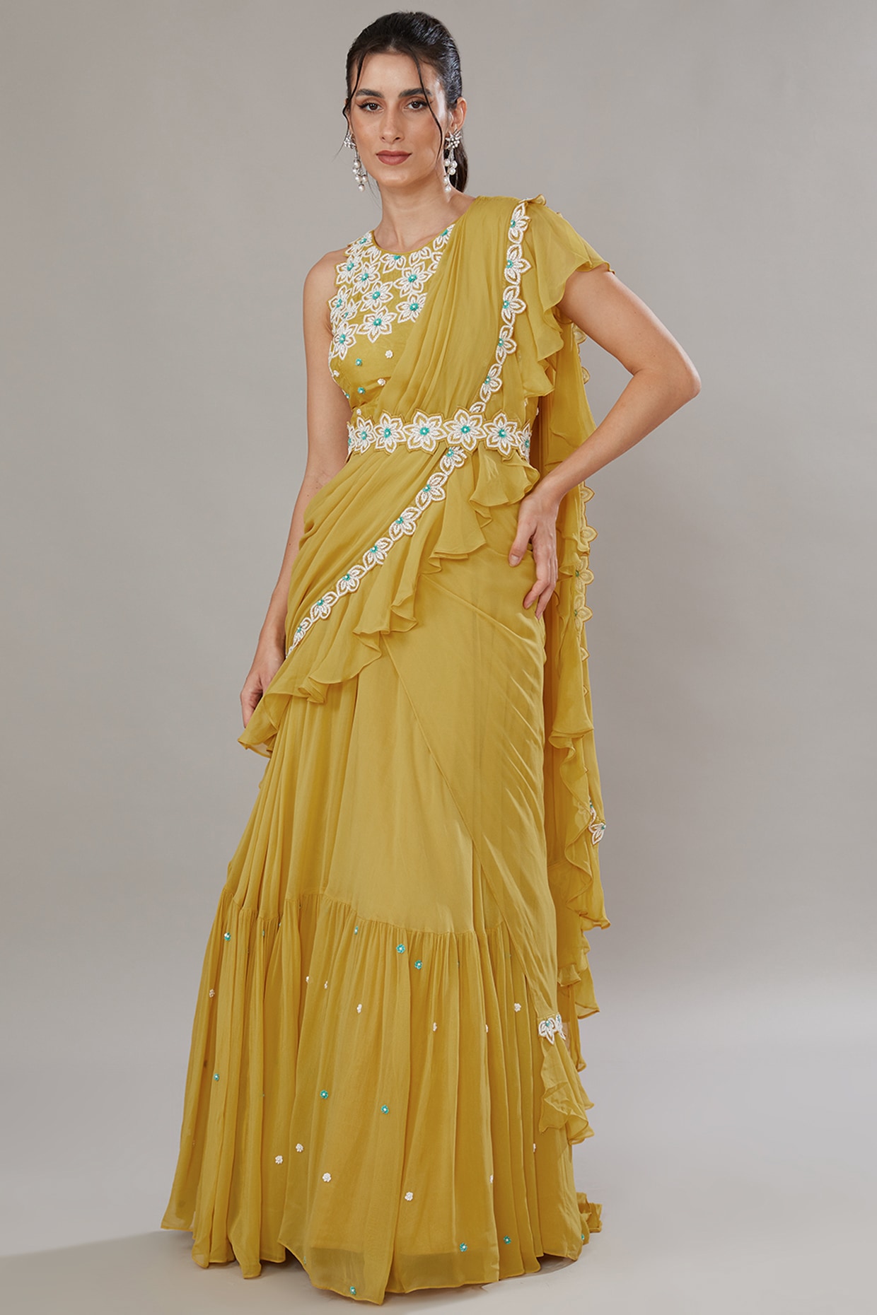Yellow Silk & Georgette Hand Embroidered Lehenga Saree Set Design by SONAL  PASRIJA at Pernia's Pop Up Shop 2024