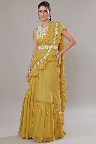 Yellow Silk & Georgette Cutdana Embroidered Lehenga Saree Set by SONAL PASRIJA