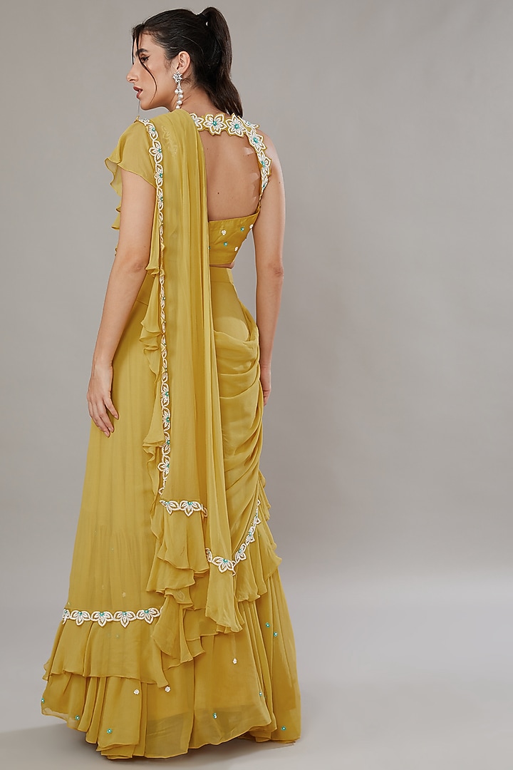 Yellow Silk & Georgette Cutdana Embroidered Wedding Lehenga Saree Set by SONAL PASRIJA at Pernia's Pop Up Shop