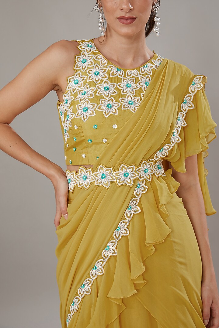 Yellow Silk & Georgette Cutdana Embroidered Wedding Lehenga Saree Set by SONAL PASRIJA at Pernia's Pop Up Shop