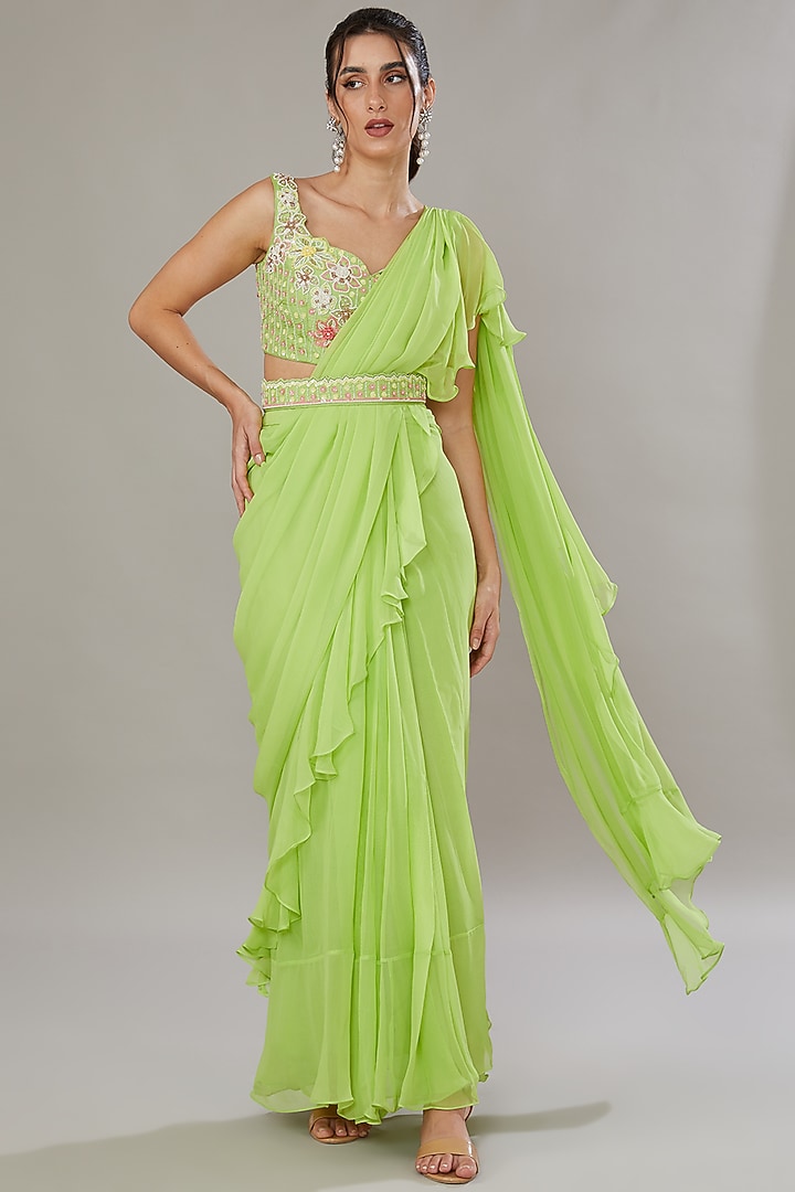 Green Silk & Georgette Hand Embroidered Frilled Wedding Saree Set by SONAL PASRIJA at Pernia's Pop Up Shop