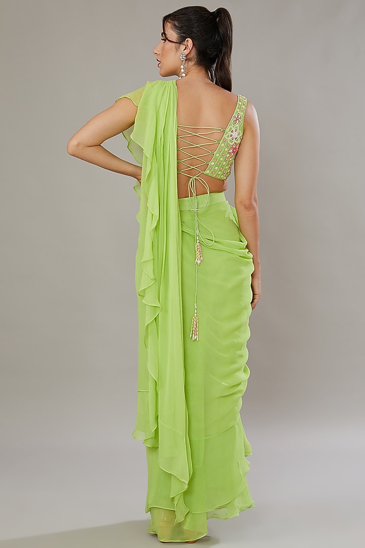 Green Silk & Georgette Hand Embroidered Frilled Wedding Saree Set by SONAL PASRIJA at Pernia's Pop Up Shop