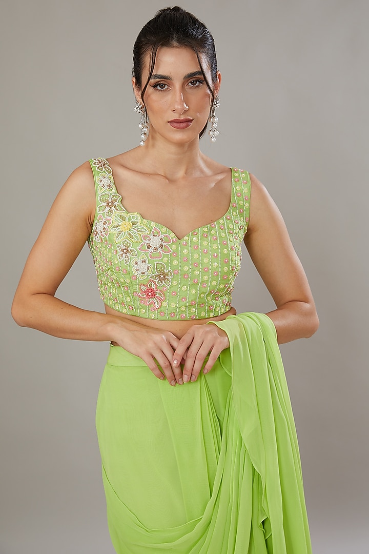 Green Silk & Georgette Hand Embroidered Frilled Wedding Saree Set by SONAL PASRIJA at Pernia's Pop Up Shop
