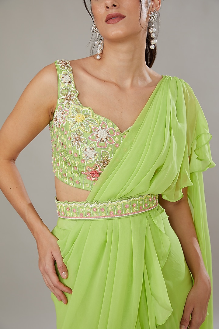 Green Silk & Georgette Hand Embroidered Frilled Wedding Saree Set by SONAL PASRIJA at Pernia's Pop Up Shop