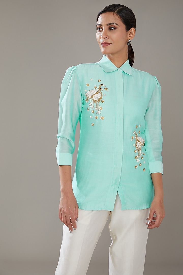Aqua Blue Chanderi Co-Ord Set by SONAL PASRIJA at Pernia's Pop Up Shop