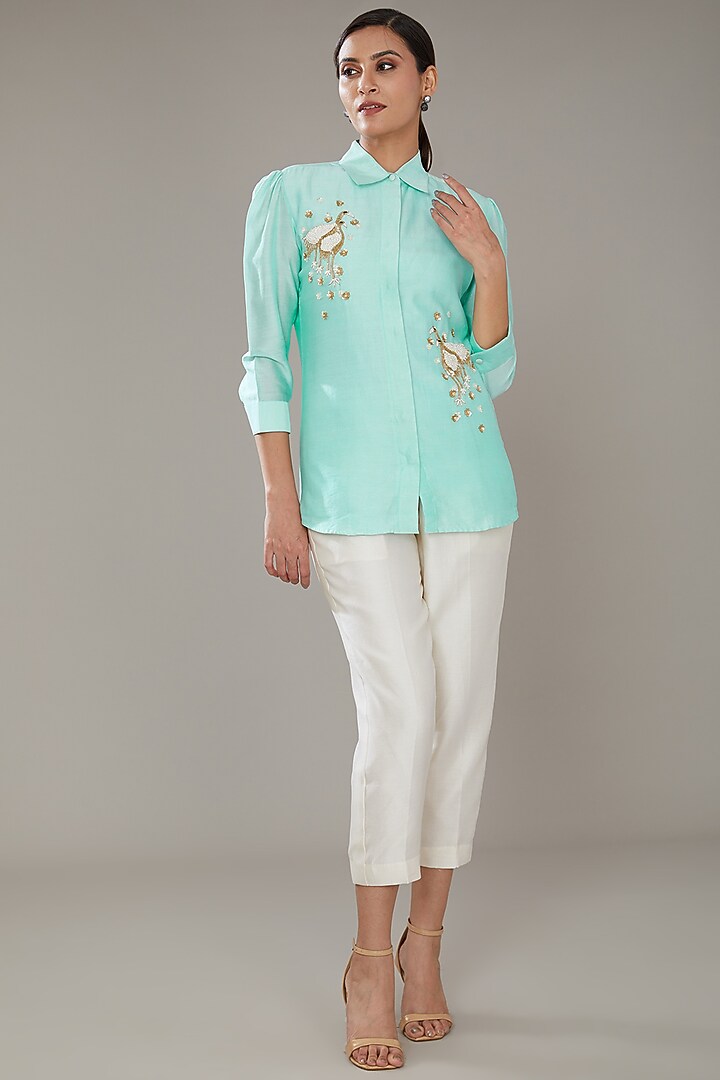 Aqua Blue Chanderi Co-Ord Set by SONAL PASRIJA at Pernia's Pop Up Shop