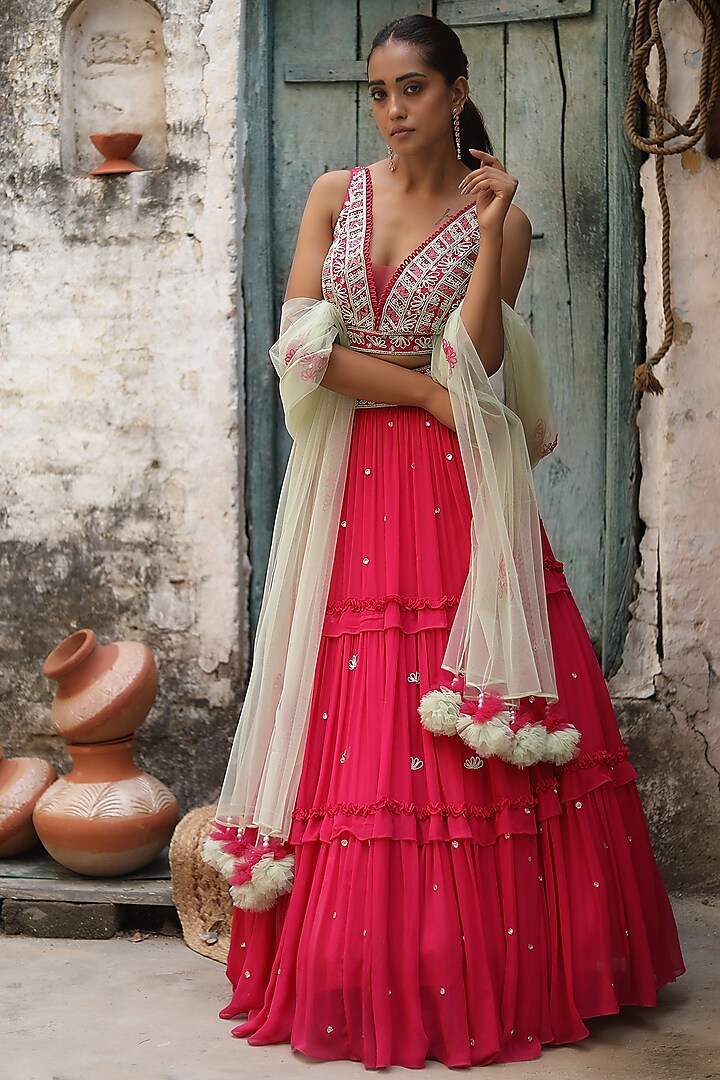 Fuchsia Georgette Layered Lehenga Set by SONAL PASRIJA