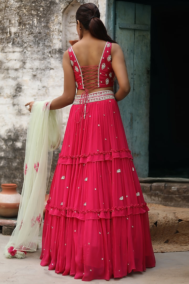 Fuchsia Georgette Layered Wedding Lehenga Set by SONAL PASRIJA at Pernia's Pop Up Shop