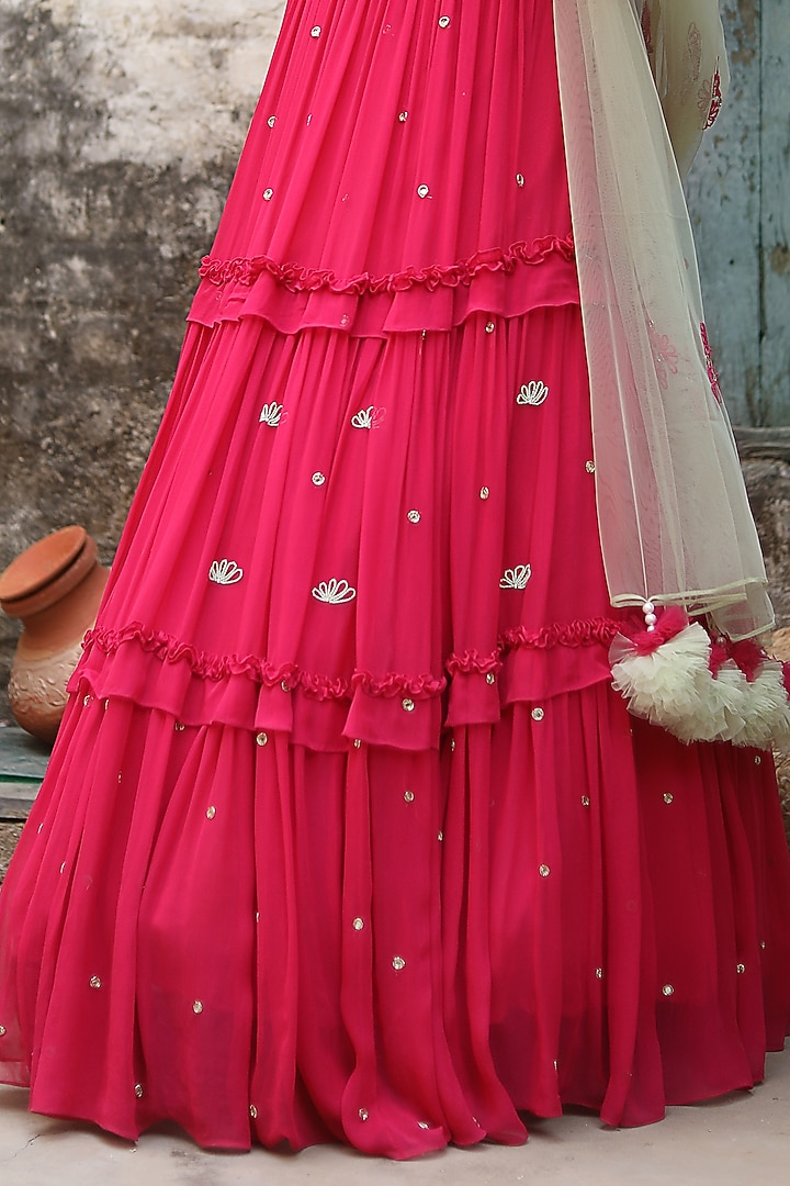 Fuchsia Georgette Layered Wedding Lehenga Set by SONAL PASRIJA at Pernia's Pop Up Shop