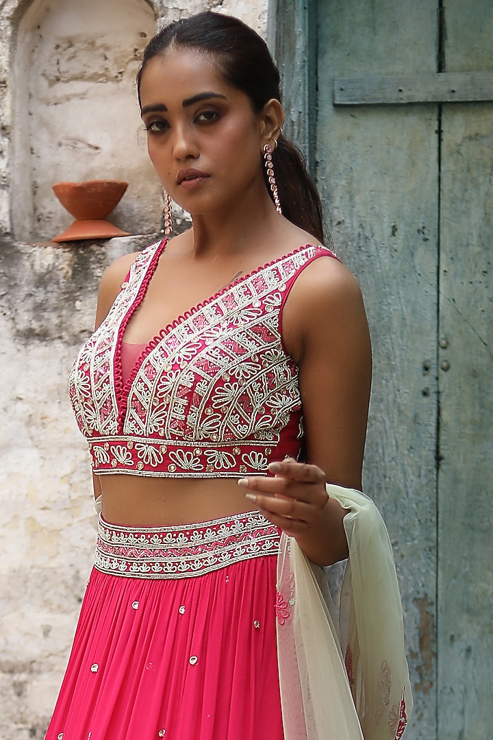 Fuchsia Georgette Layered Wedding Lehenga Set by SONAL PASRIJA at Pernia's Pop Up Shop