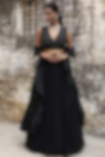 Black Georgette Gathered Wedding Lehenga Set by SONAL PASRIJA at Pernia's Pop Up Shop