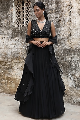 Black Georgette Gathered Lehenga Set by SONAL PASRIJA