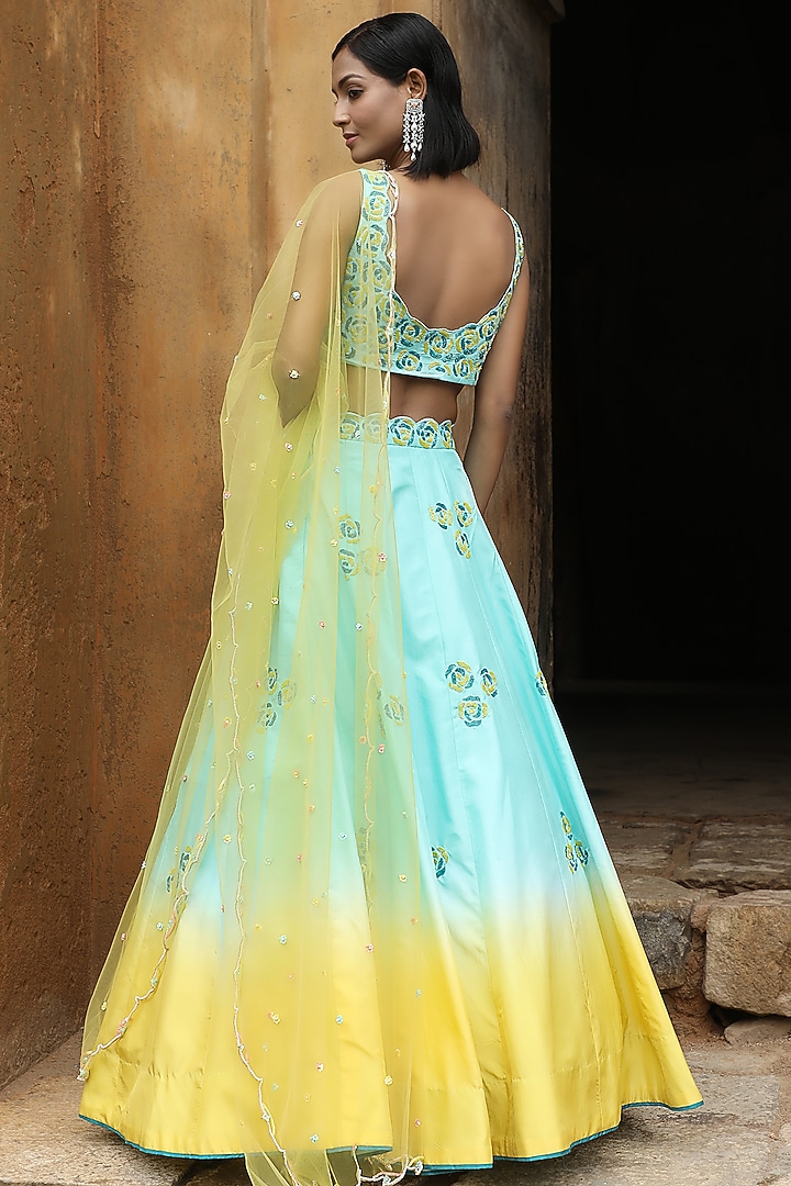 Aqua & Yellow Ombre Embroidered Wedding Lehenga Set by SONAL PASRIJA at Pernia's Pop Up Shop