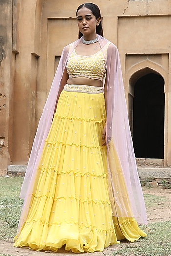 Yellow Georgette Layered Wedding Lehenga Set by SONAL PASRIJA at Pernia's Pop Up Shop